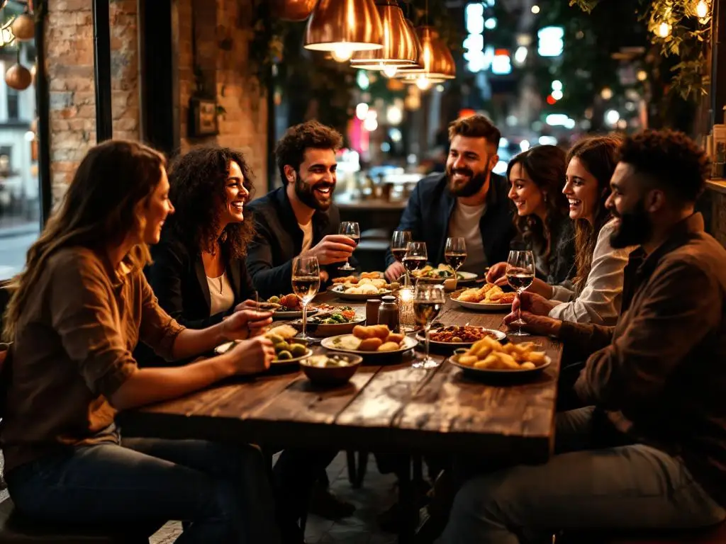 Grand groupe faisant un toast lors du Tapas Tour à Barcelone